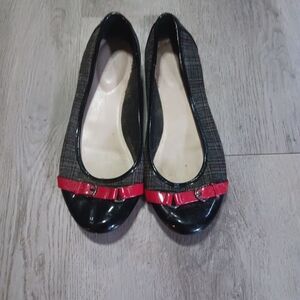 Black and Red Patent Leather Flats with Red Bow